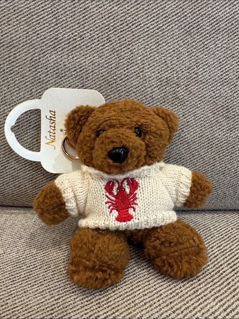 Natasha Couture Brown Plush Bear Keychain Bag Charm with Cream Lobster Sweater
